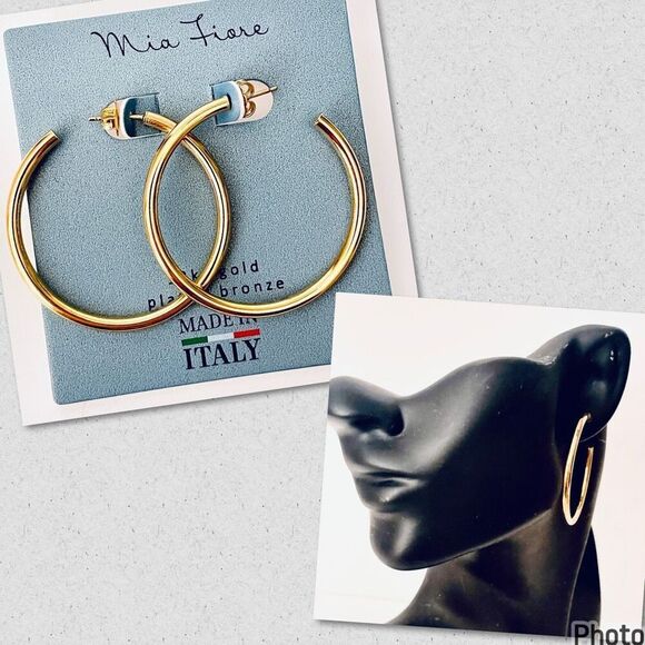 NWT Gorgeous Mia Fiore 18”D Hoops 18kt Gold Pleated Bronze Hoop earrings - Picture 1 of 12